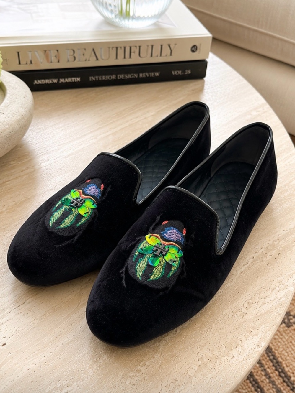 Tory Burch Easton Black Velvet Beetle Loafers Flats Ballet Shoes Size 9.5 M